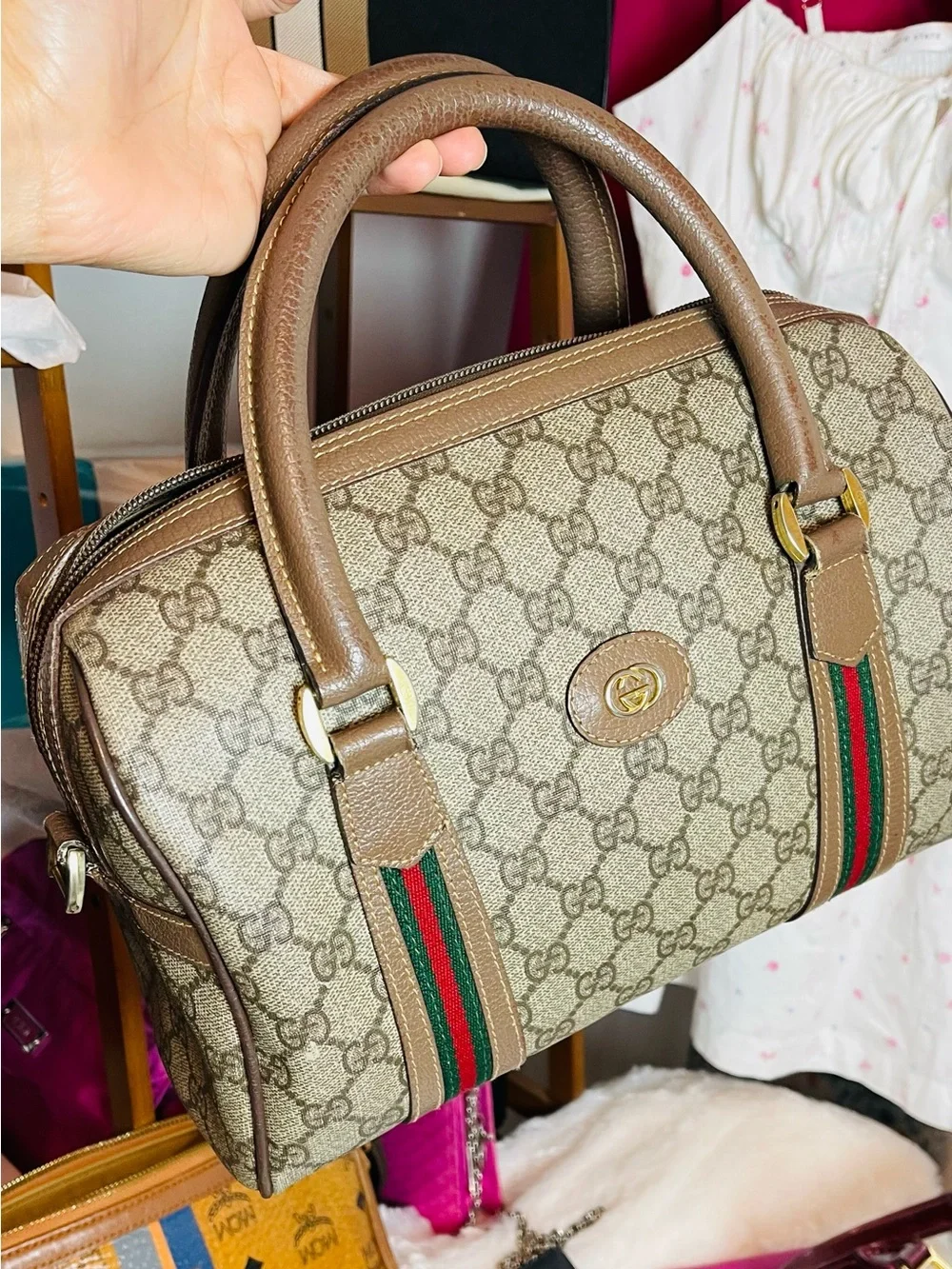 Gucci Beige/Brown Monogram Satchel with Green-Red Web Stripe